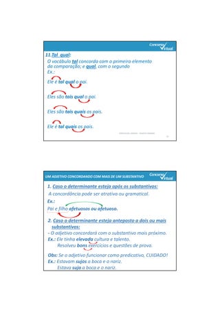 11.Tal  qual:
PORTUGUÊS: SINTAXE – RENATO PORPINO
15
O vocábulo tal concorda com o primeiro elemento 
da comparação; e qual, com o segundo
Ex.:
Ele é tal qual o pai.
Eles são tais qual o pai.
Eles são tais quais os pais.
Ele é tal quais os pais.
1. Caso o determinante esteja após os substantivos:
A concordância pode ser atrativa ou gramatical.
Ex.: 
Pai e filho afetuosos ou afetuoso.
UM ADJETIVO CONCORDANDO COM MAIS DE UM SUBSTANTIVO
2. Caso o determinante esteja anteposto a dois ou mais 
substantivos:
‐ O adjetivo concordará com o substantivo mais próximo.
Ex.: Ele tinha elevada cultura e talento.
Resolveu bons exercícios e questões de prova.
Obs: Se o adjetivo funcionar como predicativo, CUIDADO!
Ex.: Estavam sujos a boca e o nariz.
Estava suja a boca e o nariz.
 