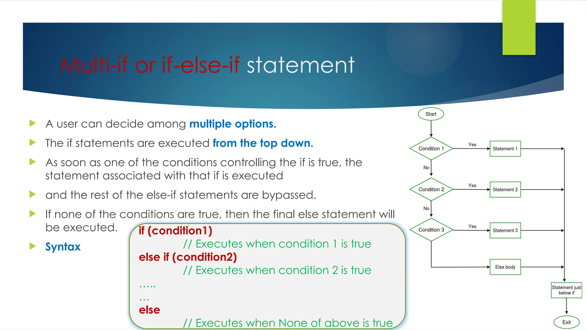 Multi-if or if-else-if statement
 A user can decide among multiple options.
 The if statements are executed from the top down.
 As soon as one of the conditions controlling the if is true, the
statement associated with that if is executed
 and the rest of the else-if statements are bypassed.
 If none of the conditions are true, then the final else statement will
be executed.
 Syntax
if (condition1)
// Executes when condition 1 is true
else if (condition2)
// Executes when condition 2 is true
…..
…
else
// Executes when None of above is true
 
