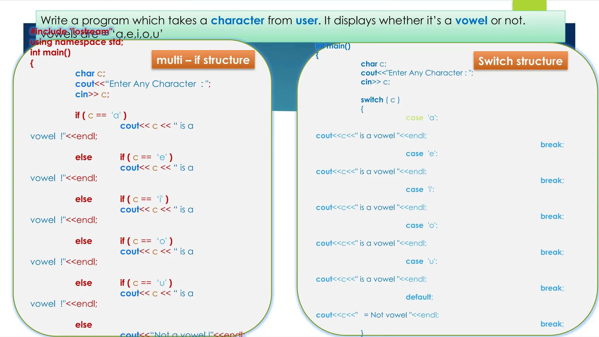 #include "iostream"
using namespace std;
int main()
{
char c;
cout<<"Enter Any Character : ";
cin>> c;
switch ( c )
{
case 'a':
cout<<c<<" is a vowel "<<endl;
break;
case 'e':
cout<<c<<" is a vowel "<<endl;
break;
case 'i':
cout<<c<<" is a vowel "<<endl;
break;
case 'o':
cout<<c<<" is a vowel "<<endl;
break;
case 'u':
cout<<c<<" is a vowel "<<endl;
break;
default:
cout<<c<<" = Not vowel "<<endl;
break;
}
Write a program which takes a character from user. It displays whether it’s a vowel or not.
vowels are = ‘a,e,i,o,u’
#include "iostream"
using namespace std;
int main()
{
char c;
cout<<“Enter Any Character : ";
cin>> c;
if ( c == 'a' )
cout<< c << “ is a
vowel !"<<endl;
else if ( c == ‘e' )
cout<< c << “ is a
vowel !"<<endl;
else if ( c == ‘i' )
cout<< c << “ is a
vowel !"<<endl;
else if ( c == ‘o' )
cout<< c << “ is a
vowel !"<<endl;
else if ( c == ‘u' )
cout<< c << “ is a
vowel !"<<endl;
else
multi – if structure Switch structure
 