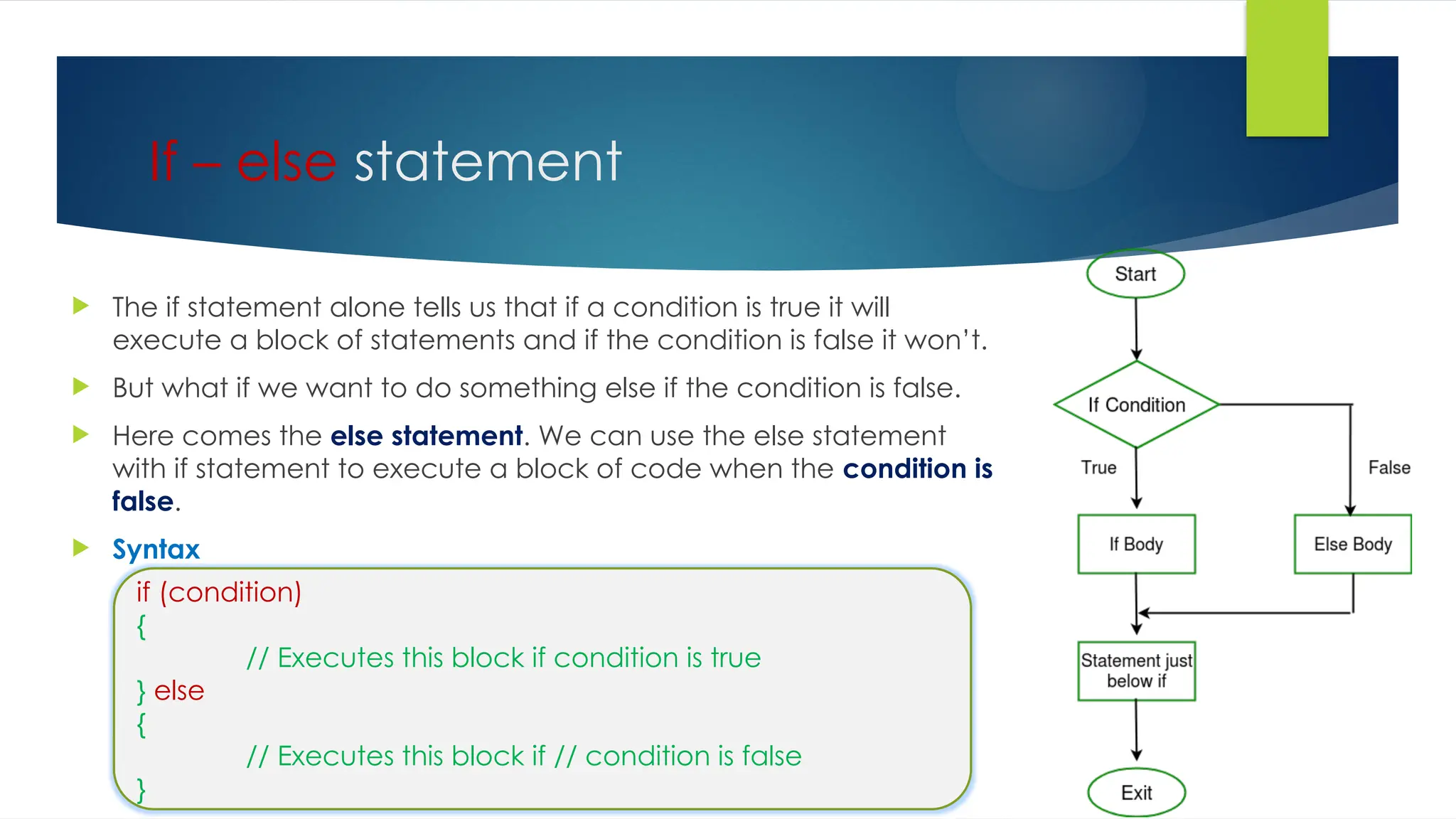 If – else statement
 The if statement alone tells us that if a condition is true it will
execute a block of statements and if the condition is false it won’t.
 But what if we want to do something else if the condition is false.
 Here comes the else statement. We can use the else statement
with if statement to execute a block of code when the condition is
false.
 Syntax
if (condition)
{
// Executes this block if condition is true
} else
{
// Executes this block if // condition is false
}
 