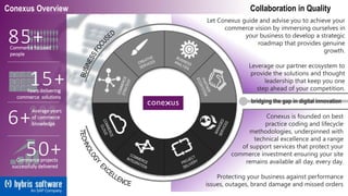 85+Commerce focused
people
15+Years delivering
commerce solutions
6+
Average years
of commerce
knowledge
50+Commerce projects
successfully delivered
Let Conexus guide and advise you to achieve your
commerce vision by immersing ourselves in
your business to develop a strategic
roadmap that provides genuine
growth.
Leverage our partner ecosystem to
provide the solutions and thought
leadership that keep you one
step ahead of your competition.
Conexus is founded on best
practice coding and lifecycle
methodologies, underpinned with
technical excellence and a range
of support services that protect your
commerce investment ensuring your site
remains available all day, every day.
Protecting your business against performance
issues, outages, brand damage and missed orders
bridging the gap in digital innovation
Collaboration in QualityConexus Overview
 