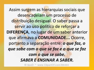 Assim surgem as hierarquias sociais que
desencadeiam um processo de
distribuição desigual. O saber passa a
servir ao uso político de reforçar a
DIFERENÇA, no lugar de um saber anterior
que afirmava a COMUNIDADE... Ocorre,
portanto a separação entre: o que faz, o
que sabe com o que se faz e o que se faz
com o que se sabe.
SABER E ENSINAR A SABER.
 