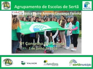 3º Conselho Eco-Escolas
1 de junho de 2016
Agrupamento de Escolas de Sertã
Escola Básica Padre António Lourenço Farinha
 