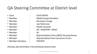QA Steering Committee at District level
• Chair : Chief D/PHO
• Member : Medical Superintendent
• Member : Nursing In charge
• Member : Lab Technician
• Member : Health Assistant
• Member : HA - DHO/PHN - DPHO
• Member : SA
• Member : Representatives from I/NGO, Nursing Homes
• Member : Representative from Consumers forum
• Member Secretary : PHO/PHI
Similarly, QA committee is formed below district level.
Draft Version 4 (Feedback Welcomed) 26
 