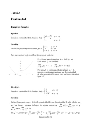 Ejercicios T3 (1)
Tema 3
Continuidad
Ejercicios Resueltos
Ejercicio 1
Estudia la continuidad de la función
Solución:
La función puede expresarse como
Para representarla basta considerar dos arcos de parábola:
Es evidente la continuidad en
En el punto , se tiene:
y
Por tanto, f es continua por la derecha en ,
pero no es continua presentando una discontinuidad
de salto, con salto (diferencia entre los límites laterales)
igual a 2.
Ejercicio 2
Estudia la continuidad de la función
Solución:
La función presenta en (donde no está definida) una discontinuidad de salto infinito por
ser los límites laterales infinitos de signos contrarios: y
En , se tiene que y , luego
 