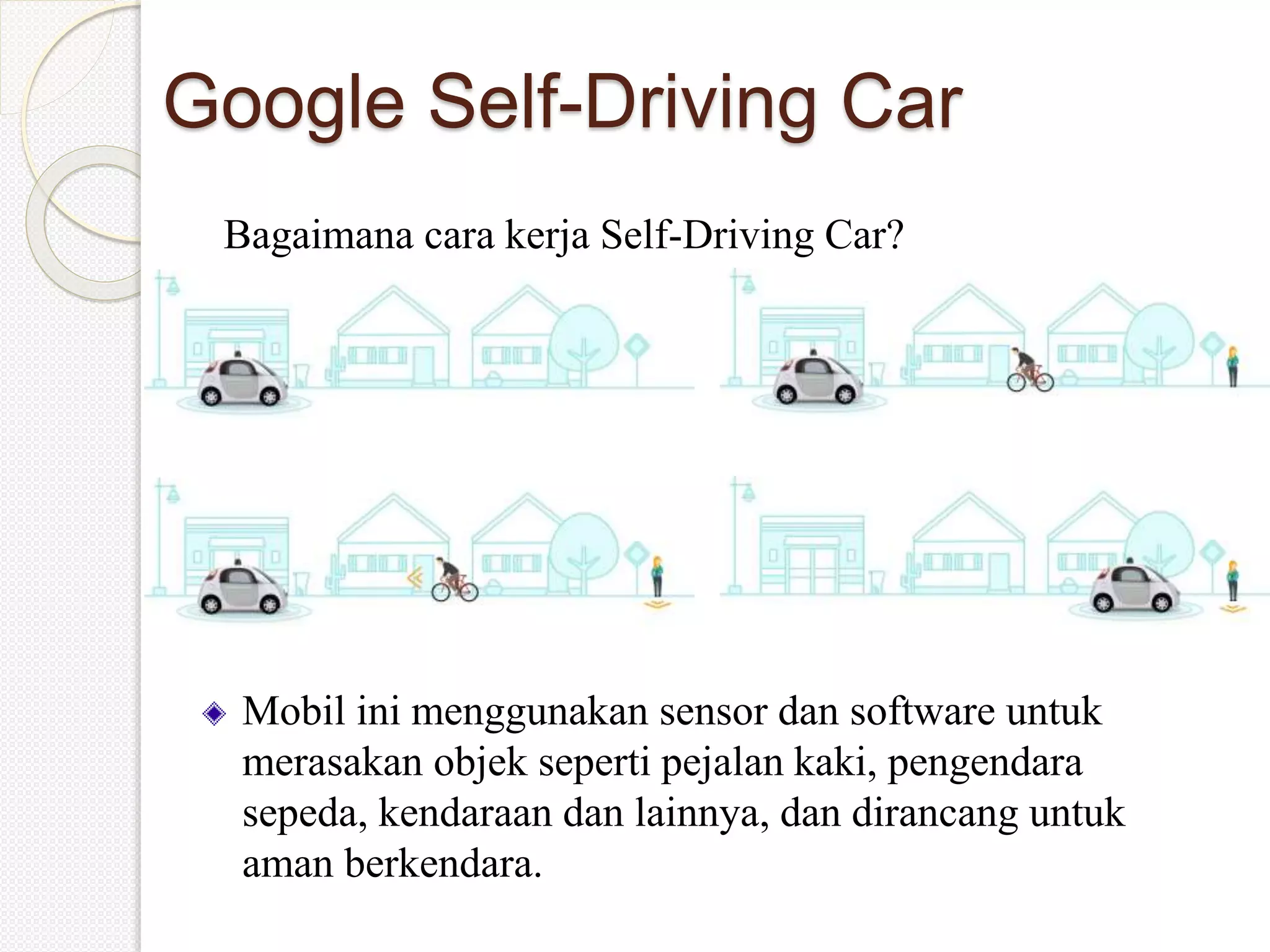 Google Self-Driving Car
Bagaimana cara kerja Self-Driving Car?
Mobil ini menggunakan sensor dan software untuk
merasakan objek seperti pejalan kaki, pengendara
sepeda, kendaraan dan lainnya, dan dirancang untuk
aman berkendara.
 