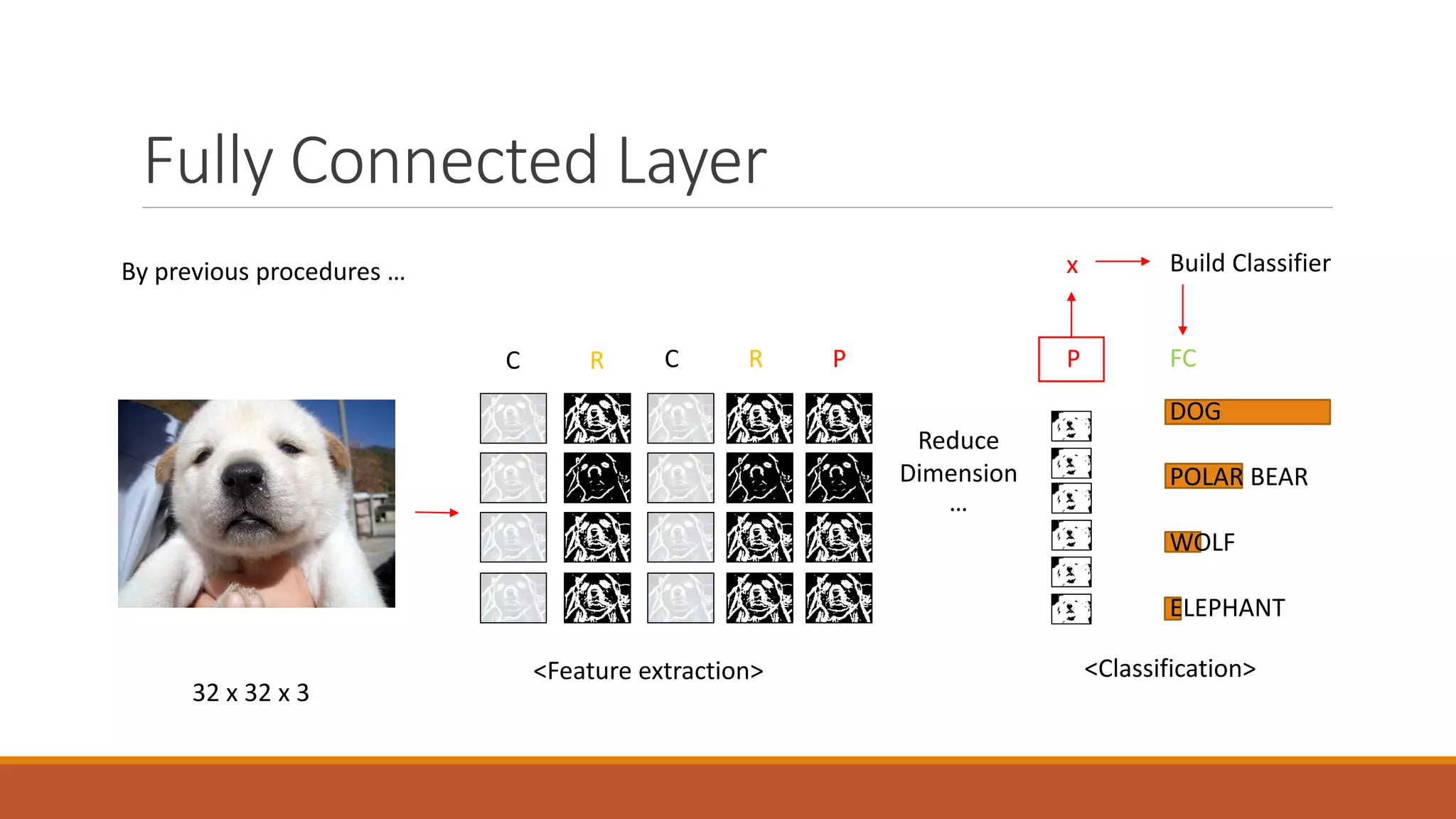 Fully Connected Layer
C R C R P
…
DOG
POLAR BEAR
WOLF
ELEPHANT
FC
Reduce
Dimension
By previous procedures …
P
32 x 32 x 3
x Build Classifier
<Feature extraction> <Classification>
 