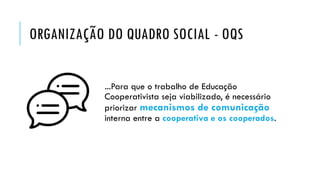 ORGANIZAÇÃO DO QUADRO SOCIAL - OQS
...Para que o trabalho de Educação
Cooperativista seja viabilizado, é necessário
priorizar mecanismos de comunicação
interna entre a cooperativa e os cooperados.
 