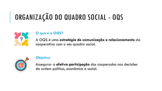 ORGANIZAÇÃO DO QUADRO SOCIAL - OQS
O que é a OQS?
A OQS é uma estratégia de comunicação e relacionamento da
cooperativa com o seu quadro social.
Objetivo
Assegurar a efetiva participação dos cooperados nas decisões
de ordem política, econômica e social.
 