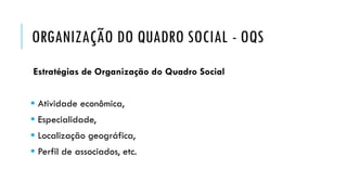 ORGANIZAÇÃO DO QUADRO SOCIAL - OQS
Estratégias de Organização do Quadro Social
 Atividade econômica,
 Especialidade,
 Localização geográfica,
 Perfil de associados, etc.
 