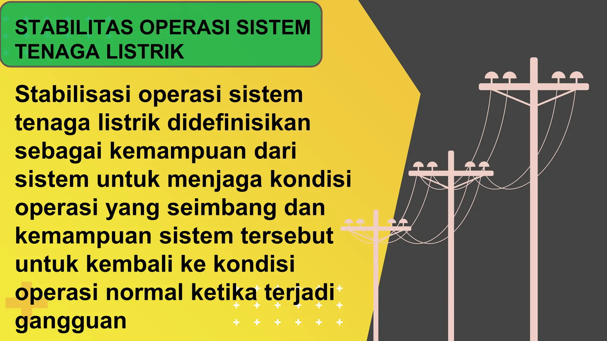 STABILITAS OPERASI SISTEM
TENAGA LISTRIK
Stabilisasi operasi sistem
tenaga listrik didefinisikan
sebagai kemampuan dari
sistem untuk menjaga kondisi
operasi yang seimbang dan
kemampuan sistem tersebut
untuk kembali ke kondisi
operasi normal ketika terjadi
gangguan
 
