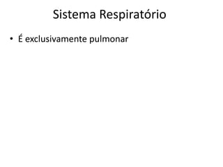 Sistema Respiratório
• É exclusivamente pulmonar
 