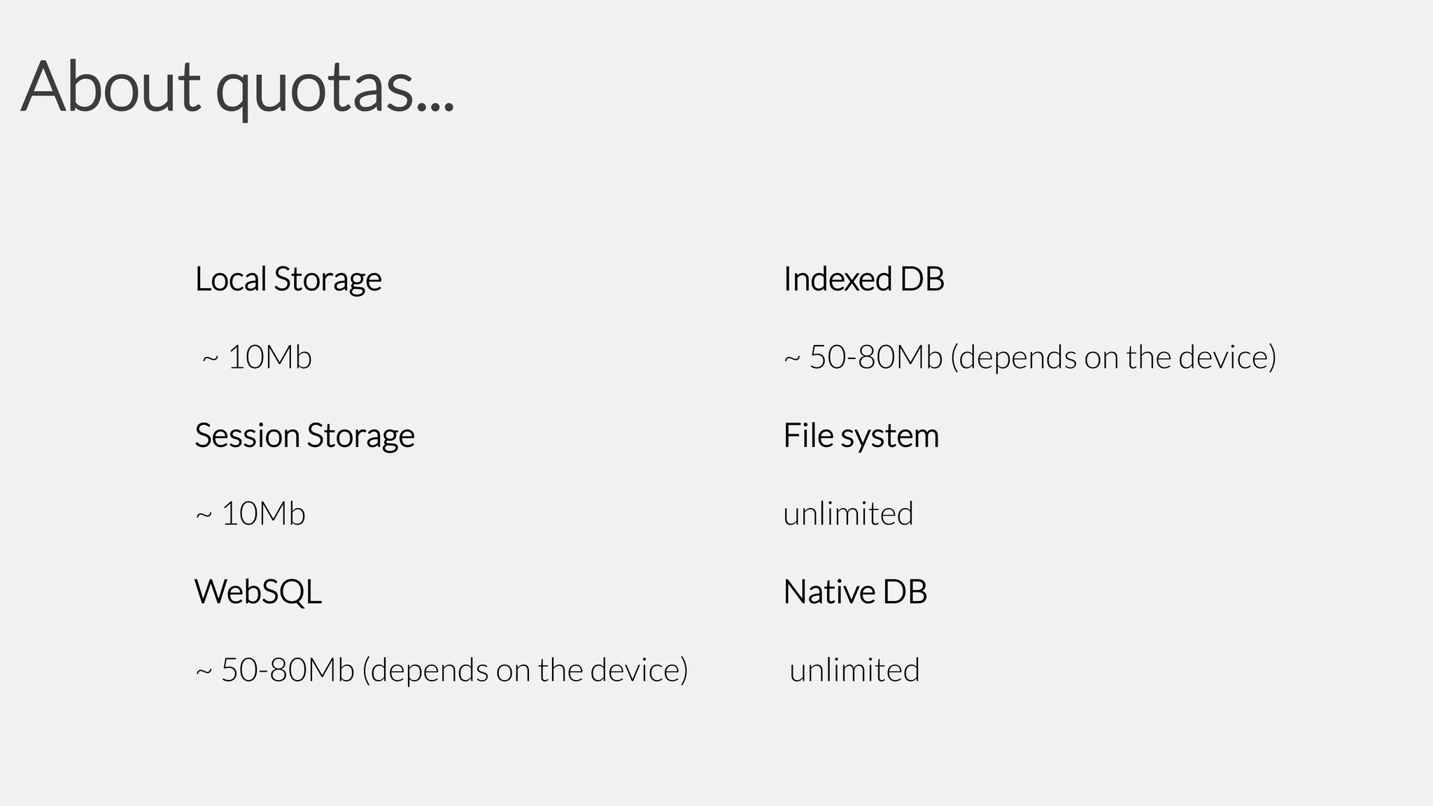 About quotas...
Local Storage

Indexed DB

~ 10Mb

~ 50-80Mb (depends on the device)

Session Storage

File system

~ 10Mb

unlimited

WebSQL

Native DB

~ 50-80Mb (depends on the device)

unlimited

 