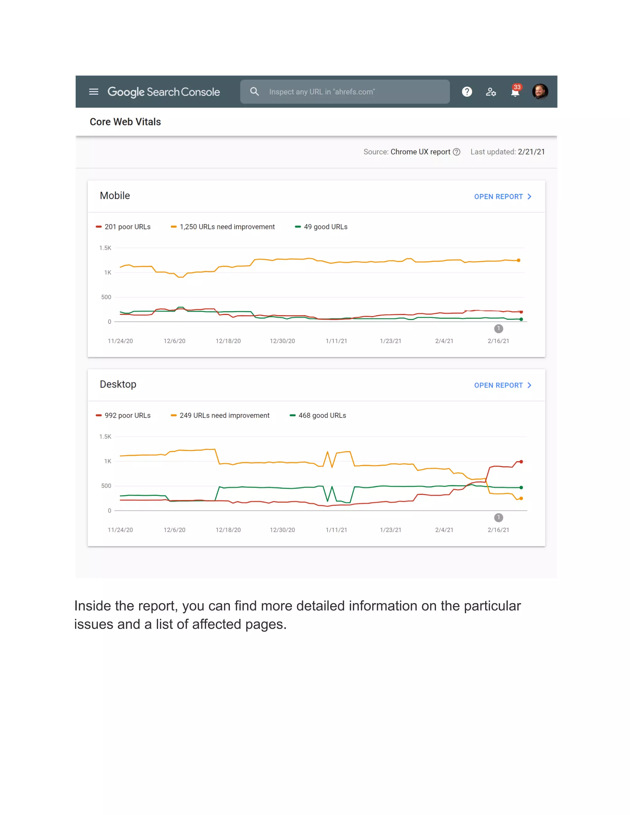 Inside the report, you can find more detailed information on the particular
issues and a list of affected pages.
 