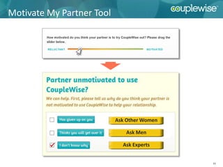 Motivate My Partner Tool




                           Ask Other Women

                              Ask Men

                             Ask Experts


                                             13
 