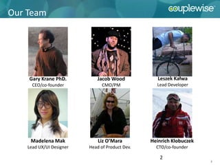 Our Team




    Gary Krane PhD.          Jacob Wood             Leszek Kałwa
      CEO/co-founder            CMO/PM             Lead Developer




     Madelena Mak             Liz O’Mara         Heinrich Klobuczek
    Lead UX/UI Designer   Head of Product Dev.     CTO/co-founder

                                                    2
                                                                      2
 