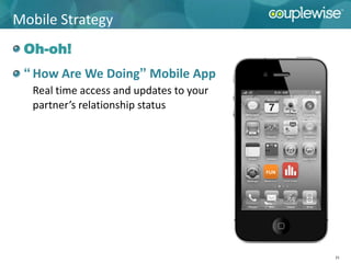 Mobile Strategy
 Oh-oh!
 “ How Are We Doing” Mobile App
  Real time access and updates to your
  partner’s relationship status




                                         FUN




                                               21
 