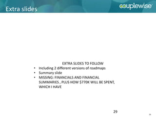 Extra slides




                            EXTRA SLIDES TO FOLLOW
          • Including 2 different versions of roadmaps
          • Summary slide
          • MISSING: FINANCIALS AND FINANCIAL
            SUMMARIES , PLUS HOW $770K WILL BE SPENT,
            WHICH I HAVE




                                                     29
                                                          29
 