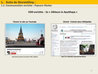 1. Suite de Storytelling :
1.2. Communication enrichie : Popcorn Marker
16
http://www.youtube.com/watch?v=MK_VaK6XqzI
VDO enrichie : Ex « 24Hours In Ayutthaya »
http://fr.wikipedia.org/wiki/Ayutthaya
Choisir la vdo sur Youtube Choisir l’article dans Wikipédia
 
