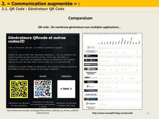 2. « Communication augmentée » :
2.1. QR Code : Générateur QR Code
33
Comparaison
http://www.newsphil-blog.com/qrcode
QR code : De nombreux générateurs aux multiples applications…
http://www.qrdresscode.com/pages/Generateurs_QRcode_et_autres_codes2D-
4197514.html
 