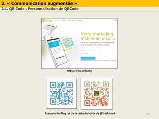 2. « Communication augmentée » :
2.1. QR Code : Personnalisation de QRCode
35
https://www.unitag.fr/
Exemple du Blog et de la carte de visite de @backbook
 