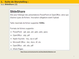 1. Suite de Storytelling :
1.1. SlideShare (2)
5
http://www.commentcamarche.net/sites/details/slideshare.net
 
