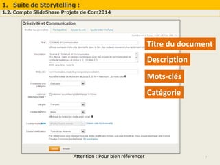 1. Suite de Storytelling :
1.2. Compte SlideShare Projets de Com2014
7
Titre du document
Description
Catégorie
Mots-clés
Attention : Pour bien référencer
 
