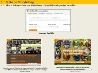 1. Suite de Storytelling :
1.3. Plus d’information sur SlideShare : Possibilité d’ajouter la vidéo
9
Ajouter la vidéo
Exemples concrets d’analyse de corpus audiovisuels à l’aide du studio ASA :
« From Different Horizons of Rockshelter », analyse visuelle et acoustique »
http://bit.ly/XMaeUb
Médias sociaux & CoM mobile : Vidéos en ligne, Brand
Content, Vidéo virale, YouTube, Slideshare
http://bit.ly/1hmQ8Hw
 