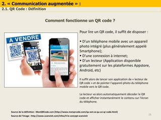 2. « Communication augmentée » :
2.1. QR Code : Définition
25Source de l’image : http://www.scanvisit.com/infos/4-le-conce...