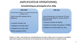 • Gain A très grand, de l’ordre de 105 pour
des fréquences allant du continu (0Hz) à
quelques MHz,
• Courants d’entrée très faibles
• Impédance d’entrée très grande (>100MW)
• Impédance de sortie faible (qq 10W).
• Gain A est infini quelque soit la
fréquence
• Courants d’entrée nuls
• Impédance d’entrée infinie
• Impédance de sortie nulle
• Bande passante infinie
AOp idéal
Caractéristiques utilisées lors de l’étude théorique des
montages à AOp.
AOp réel
Choisir un AOp, c’est choisir les caractéristiques de celui-ci telles que l’on puisse le considérer
idéal dans la gamme de tensions et de fréquences de fonctionnement du système étudié.
Caractéristiques principales d’un AOp
AMPLIFICATEUR OPERATIONNEL
3
 