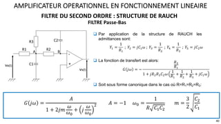 FILTRE DU SECOND ORDRE : STRUCTURE DE RAUCH
AMPLIFICATEUR OPERATIONNEL EN FONCTIONNEMENT LINEAIRE
40
% Par application de la structure de RAUCH les
admittances sont:
FILTRE Passe-Bas
ve(t)
-
+
vs(t)
R1
R3 C2
C1
R2
A B
𝑌( =
1
𝑅(
; 𝑌, = 𝑗𝐶(𝜔 ; 𝑌. =
1
𝑅,
; 𝑌/ =
1
𝑅.
; 𝑌0 = 𝑗𝐶,𝜔
% La fonction de transfert est alors:
𝐺 𝑗𝜔 = −
𝑅.
𝑅(
1 + 𝑗𝑅,𝑅.𝐶,𝜔
1
𝑅(
+
1
𝑅,
+
1
𝑅.
+ 𝑗𝐶(𝜔
𝐺 𝑗𝜔 =
𝐴
1 + 2𝑗𝑚
𝜔
𝜔,
+ 𝑗
𝜔
𝜔,
? 𝐴 = −1 𝜔, =
1
𝑅 𝐶9𝐶?
𝑚 =
3
2
𝐶?
𝐶9
% Soit sous forme canonique dans le cas où R=R1=R2=R3:
 