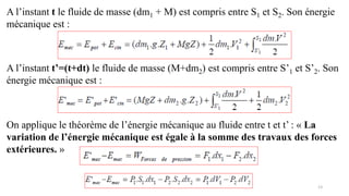 13
A l’instant t le fluide de masse (dm1 + M) est compris entre S1 et S2. Son énergie
mécanique est :
A l’instant t’=(t+dt) le fluide de masse (M+dm2) est compris entre S’1 et S’2. Son
énergie mécanique est :
On applique le théorème de l’énergie mécanique au fluide entre t et t’ : « La
variation de l’énergie mécanique est égale à la somme des travaux des forces
extérieures. »
 