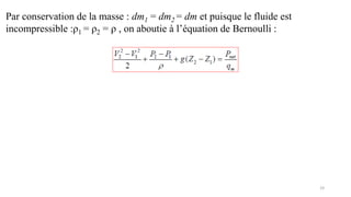 19
Par conservation de la masse : dm1 = dm2 = dm et puisque le fluide est
incompressible :ρ1 = ρ2 = ρ , on aboutie à l’équation de Bernoulli :
 