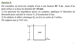 25
Exercice 2:
On considère un réservoir remplie d’eau à une hauteur H= 3 m , muni d’un
petit orifice à sa base de diamètre d= 10 mm.
1) En précisant les hypothèses prises en comptes, appliquer le théorème de
Bernoulli pour calculer la vitesse V2 d’écoulement d’eau.
2) En déduire le débit volumique Qv en (l/s) en sortie de l’orifice.
On suppose que g=9,81 m/s.
 