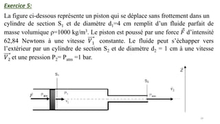 29
La figure ci-dessous représente un piston qui se déplace sans frottement dans un
cylindre de section S1 et de diamètre d1=4 cm remplit d’un fluide parfait de
masse volumique ρ=1000 kg/m3. Le piston est poussé par une force Ԧ
𝐹 d’intensité
62,84 Newtons à une vitesse 𝑉1 constante. Le fluide peut s’échapper vers
l’extérieur par un cylindre de section S2 et de diamètre d2 = 1 cm à une vitesse
𝑉2 et une pression P2= Patm =1 bar.
Exercice 5:
 