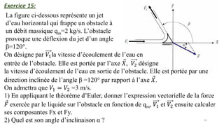 43
Exercice 15:
La figure ci-dessous représente un jet
d’eau horizontal qui frappe un obstacle à
un débit massique qm=2 kg/s. L’obstacle
provoque une déflexion du jet d’un angle
β=120°.
On désigne par 𝑉1la vitesse d’écoulement de l’eau en
entrée de l’obstacle. Elle est portée par l’axe Ԧ
𝑋, 𝑉2 désigne
la vitesse d’écoulement de l’eau en sortie de l’obstacle. Elle est portée par une
direction inclinée de l’angle β =120° par rapport à l’axe Ԧ
𝑋.
On admettra que 𝑉1 = 𝑉2 =3 m/s.
1) En appliquant le théorème d’Euler, donner l’expression vectorielle de la force
Ԧ
𝐹 exercée par le liquide sur l’obstacle en fonction de qm, 𝑉1 et 𝑉2 ensuite calculer
ses composantes Fx et Fy.
2) Quel est son angle d’inclinaison α ?
 