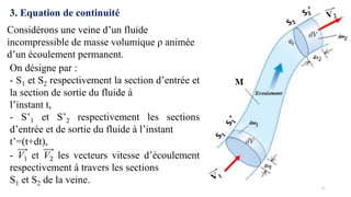5
3. Equation de continuité
Considérons une veine d’un fluide
incompressible de masse volumique ρ animée
d’un écoulement permanent.
On désigne par :
- S1 et S2 respectivement la section d’entrée et
la section de sortie du fluide à
l’instant t,
- S’1 et S’2 respectivement les sections
d’entrée et de sortie du fluide à l’instant
t’=(t+dt),
- V1 et V2 les vecteurs vitesse d’écoulement
respectivement à travers les sections
S1 et S2 de la veine.
 