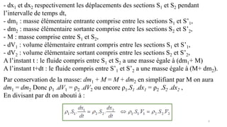 6
- dx1 et dx2 respectivement les déplacements des sections S1 et S2 pendant
l’intervalle de temps dt,
- dm1 : masse élémentaire entrante comprise entre les sections S1 et S’1,
- dm2 : masse élémentaire sortante comprise entre les sections S2 et S’2,
- M : masse comprise entre S1 et S2,
- dV1 : volume élémentaire entrant compris entre les sections S1 et S’1,
- dV2 : volume élémentaire sortant compris entre les sections S2 et S’2,
A l’instant t : le fluide compris entre S1 et S2 a une masse égale à (dm1+ M)
A l’instant t+dt : le fluide compris entre S’1 et S’2 a une masse égale à (M+ dm2).
Par conservation de la masse: dm1 + M = M + dm2 en simplifiant par M on aura
dm1 = dm2 Donc ρ1 .dV1 = ρ2 .dV2 ou encore ρ1.S1 .dx1 = ρ2 .S2 .dx2 ,
En divisant par dt on abouti à :
 