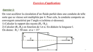 24
Exercice 1:
Exercices d’applications
On veut accélérer la circulation d’un fluide parfait dans une conduite de telle
sorte que sa vitesse soit multipliée par 4. Pour cela, la conduite comporte un
convergent caractérisé par l’angle α (schéma ci-dessous).
1) Calculer le rapport des rayons (R1 ⁄ R2).
2) Calculer (R1-R2) en fonction de l et α. En déduire la longueur l.
On donne : R1= 50 mm et α = 15°
 