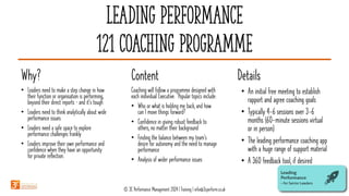 Leading performance
121 coaching Programme
Why? Content Details
• Leaders need to make a step change in how
their function or organisation is performing,
beyond their direct reports – and it’s tough
• Leaders need to think analytically about wide
performance issues
• Leaders need a safe space to explore
performance challenges frankly
• Leaders improve their own performance and
confidence when they have an opportunity
for private reflection.
Coaching will follow a programme designed with
each individual Executive. Popular topics include:
• Who or what is holding me back, and how
can I move things forward?
• Confidence in giving robust feedback to
others, no matter their background
• Finding the balance between my team’s
desire for autonomy and the need to manage
performance
• Analysis of wider performance issues
• An initial free meeting to establish
rapport and agree coaching goals
• Typically 4-6 sessions over 3-6
months (60-minute sessions virtual
or in person)
• The leading performance coaching app
with a huge range of support material
• A 360 feedback tool, if desired
© 3C Performance Management 2024 | Training | info@3cperform.co.uk
 