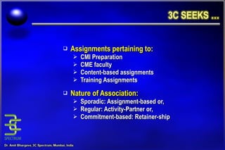 Assignments pertaining to: CMI Preparation CME faculty Content-based assignments Training Assignments Nature of Association: Sporadic: Assignment-based or, Regular: Activity-Partner or, Commitment-based: Retainer-ship 