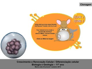 Clonagem

Crescimento e Renovação Celular / Diferenciação celular
Biologia e Geologia – 11º ano
Maria João Drumond / outubro 2013

 