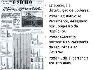 Estabelecia a distribuição de poderes.Poder legislativo ao Parlamento, designado por Congresso da República.Poder executivo pertencia ao Presidente da república e ao Governo.Poder judicial pertencia aos Tribunais.