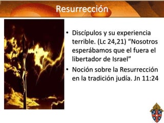 Resurrección
• Discípulos y su experiencia
terrible. (Lc 24,21) “Nosotros
esperábamos que el fuera el
libertador de Israel”
• Noción sobre la Resurrección
en la tradición judía. Jn 11:24

 