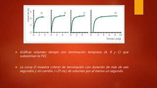  Gráficas volumen tiempo con terminación temprana (A, B y C) que
subestiman la FVC.
 La curva D muestra criterio de terminación con duración de más de seis
segundos y sin cambio (<25 mL) de volumen por al menos un segundo.
 