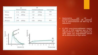  Espirometría pre (A) y
postbroncoditalatador (B) realizada
con la administración de 400 mg de
salbutamol.
 El FEV1 post-broncodilatador mejora
360 mL y 31% mientras que la FVC
mejora 410 mL y 19%, con respecto al
valor basal con reversibilidad parcial
de la obstrucción al flujo aéreo.
 