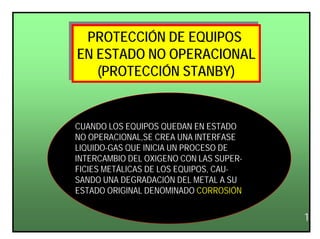 PROTECCIÓN DE EQUIPOS
EN ESTADO NO OPERACIONAL
(PROTECCIÓN STANBY)
PROTECCIÓN DE EQUIPOS
EN ESTADO NO OPERACIONAL
(PROTECCIÓN STANBY)
CUANDO LOS EQUIPOS QUEDAN EN ESTADO
NO OPERACIONAL,SE CREA UNA INTERFASE
LIQUIDO-GAS QUE INICIA UN PROCESO DE
INTERCAMBIO DEL OXIGENO CON LAS SUPER-
FICIES METÁLICAS DE LOS EQUIPOS, CAU-
SANDO UNA DEGRADACIÓN DEL METAL A SU
ESTADO ORIGINAL DENOMINADO CORROSIÓN
1
 
