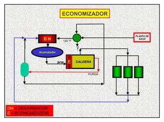 ECONOMIZADOR
BFW
PURGA
120 °F
PLANTA DE
AGUA
CALDERA
Acumulador
V
E
D H
DH = DESAIREADOR
E = ECONOMIZADOR
 