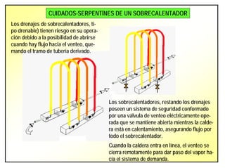 CUIDADOS-SERPENTÍNES DE UN SOBRECALENTADOR
Los drenajes de sobrecalentadores, ti-
po drenable) tienen riesgo en su opera-
ción debido a la posibilidad de abrirse
cuando hay flujo hacia el venteo, que-
mando el tramo de tubería derivado.
Los sobrecalentadores, restando los drenajes
poseen un sistema de seguridad conformado
por una válvula de venteo eléctricamente ope-
rada que se mantiene abierta mientras la calde-
ra está en calentamiento, asegurando flujo por
todo el sobrecalentador.
Cuando la caldera entra en línea, el venteo se
cierra remotamente para dar paso del vapor ha-
cia el sistema de demanda.
 