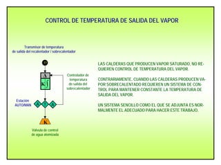 ∆
∫Κ
A T A
TT
Κ
Estación
AUTO/MAN
Válvula de control
de agua atomizada
Controlador de
temperatura
de salida del
sobrecalentador
Transmisor de temperatura
de salida del recalentador / sobrecalentador
LAS CALDERAS QUE PRODUCEN VAPOR SATURADO, NO RE-
QUIEREN CONTROL DE TEMPERATURA DEL VAPOR.
CONTRARIAMENTE, CUANDO LAS CALDERAS PRODUCEN VA-
POR SOBRECALENTADO REQUIEREN UN SISTEMA DE CON-
TROL PARA MANTENER CONSTANTE LA TEMPERATURA DE
SALIDA DEL VAPOR.
UN SISTEMA SENCILLO COMO EL QUE SE ADJUNTA ES NOR-
MALMENTE EL ADECUADO PARA HACER ESTE TRABAJO.
CONTROL DE TEMPERATURA DE SALIDA DEL VAPOR
 